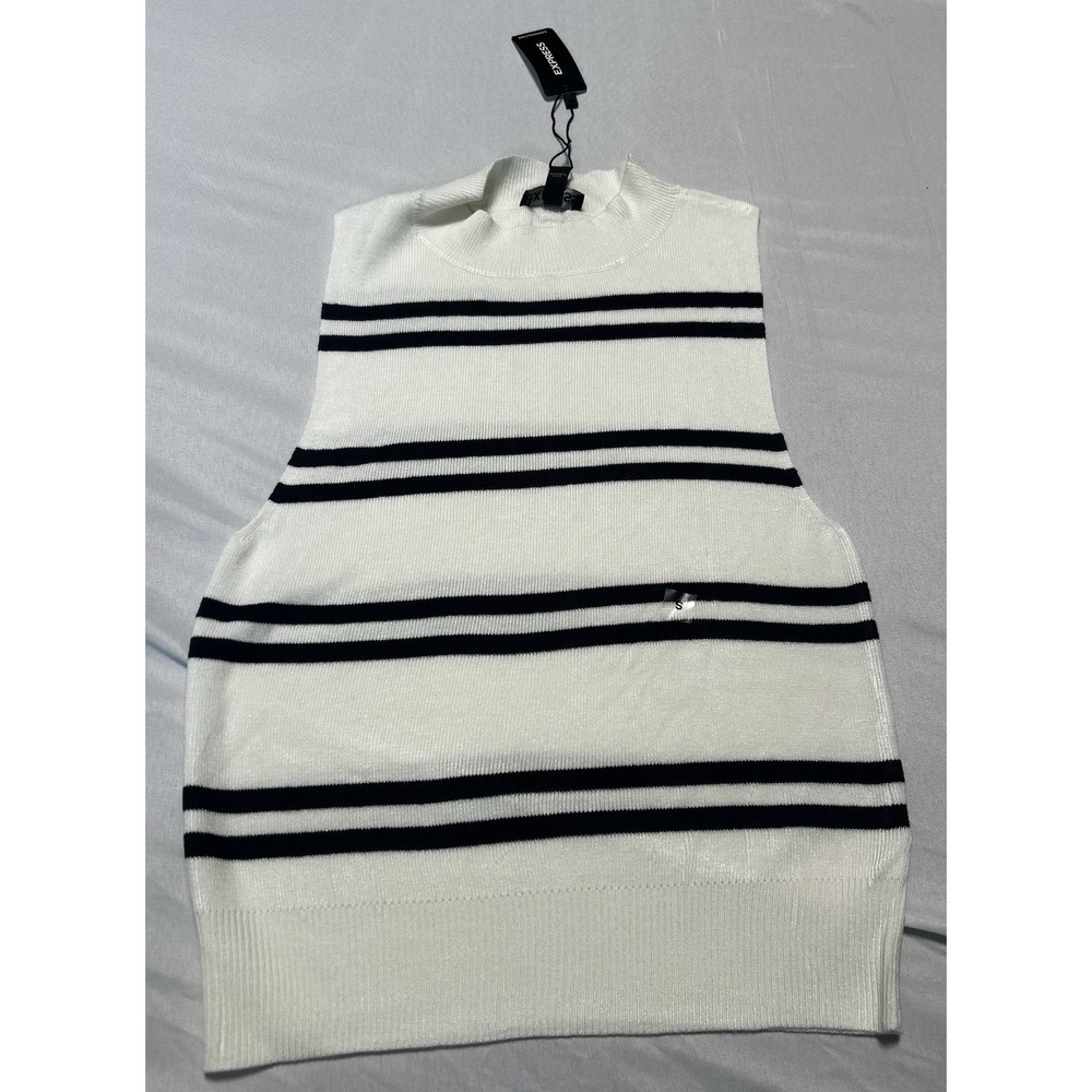 Express Womens Ivory Navy Striped Mock Neck Sleeveless Knit Top Small NEW